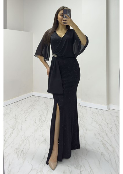 Siyah Taş Detaylı Volan Kol Simli Abiye Elbise