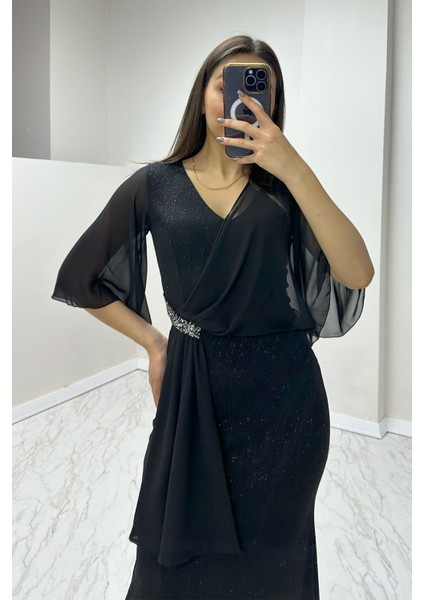 Siyah Taş Detaylı Volan Kol Simli Abiye Elbise fiyatları