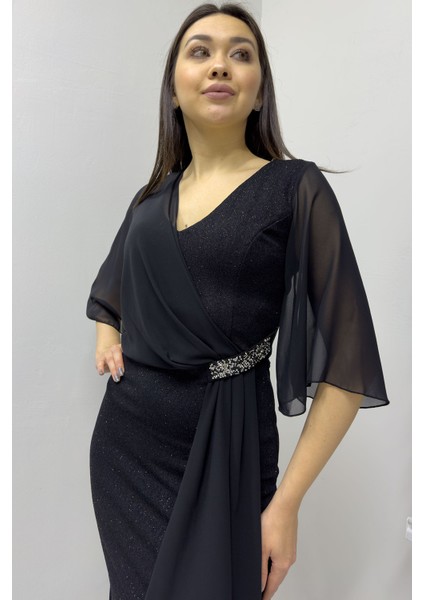 Siyah Taş Detaylı Volan Kol Simli Abiye Elbise modelleri