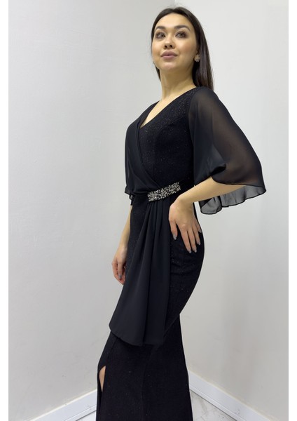 Siyah Taş Detaylı Volan Kol Simli Abiye Elbise fırsatları