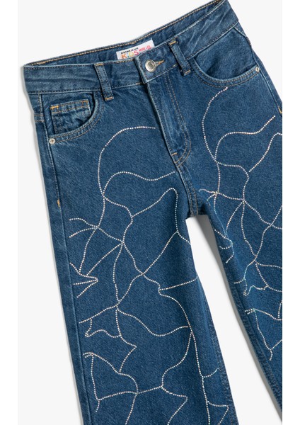 Taş Detaylı Geniş Paça Cepli Pamuklu Kot Pantolon - Wide Leg Jean
