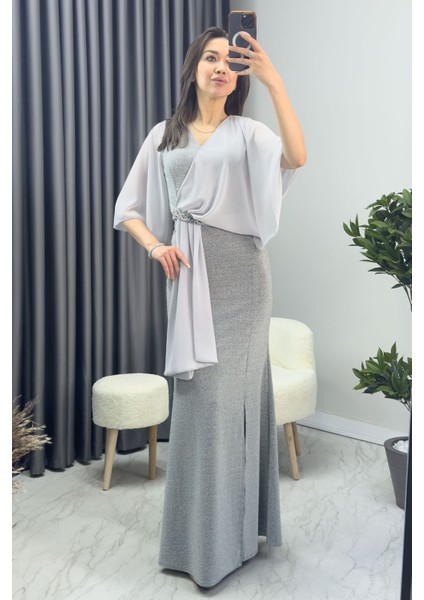 Gri Taş Detaylı Volan Kol Simli Abiye Elbise