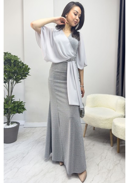 Gri Taş Detaylı Volan Kol Simli Abiye Elbise fiyatları