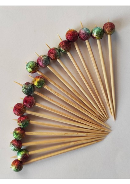100 Adet Dekoratif Kırmızı Geçişli Simli Boncuklu Kokteyl Kürdanı 6,5 cm - Boncuk 8 mm - Pasta Kürdanı