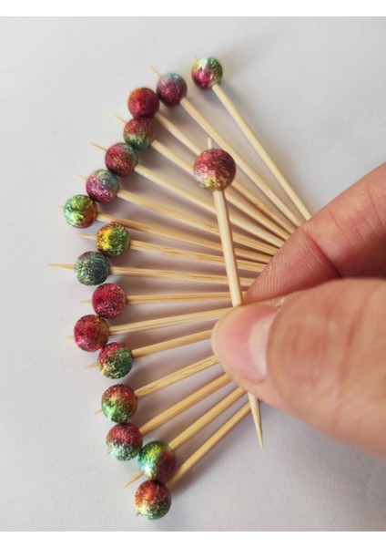 100 Adet Dekoratif Kırmızı Geçişli Simli Boncuklu Kokteyl Kürdanı 6,5 cm - Boncuk 8 mm - Pasta Kürdanı fiyatları