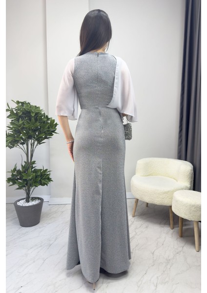 Gri Taş Detaylı Volan Kol Simli Abiye Elbise fırsatları