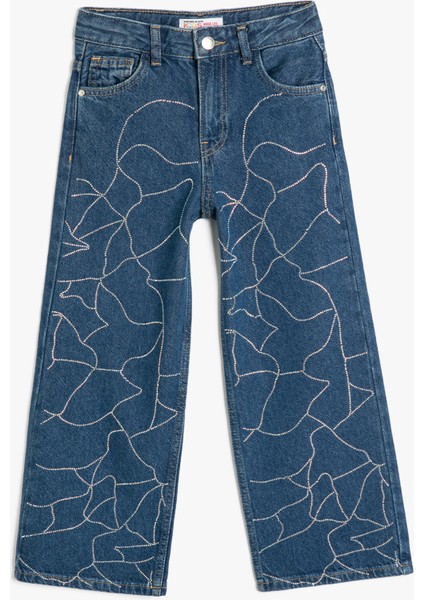Taş Detaylı Geniş Paça Cepli Pamuklu Kot Pantolon - Wide Leg Jean