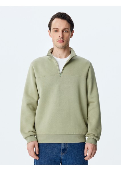 Uzun Kollu Pamuk Karışımlı Basic Yarım Fermuarlı Sweatshirt modelleri