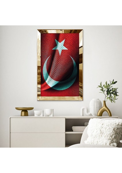 Gold Aynalı Pleksi Çerçeveli Dokulu Görünümlü Türk Bayrağı Tablo
