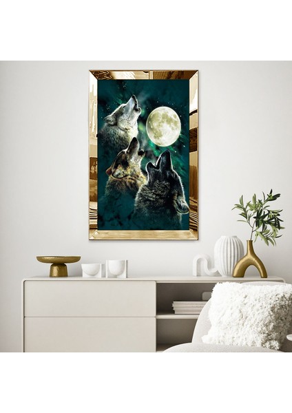 Gold Aynalı Pleksi Çerçeveli Dolunayda Kurtlar Temalı Tablo