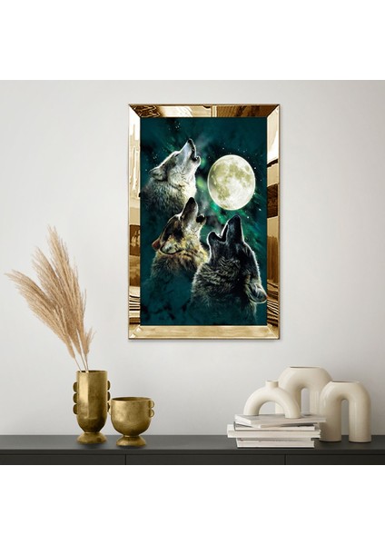 Gold Aynalı Pleksi Çerçeveli Dolunayda Kurtlar Temalı Tablo fiyatları