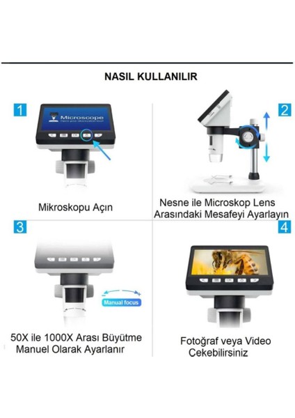 LCD Dijital Ekranlı Mikroskop 50X -1000X Büyütme USB Hd 1080P 4.3inç modelleri