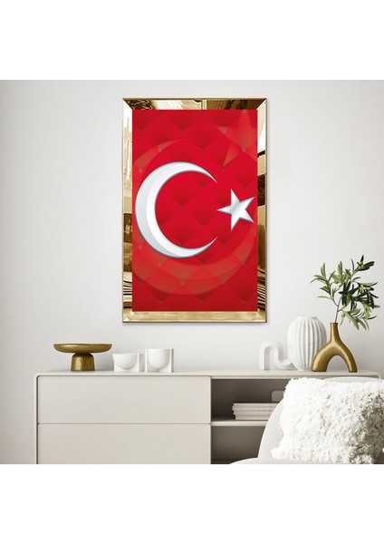 Gold Aynalı Pleksi Çerçeveli Krımızı Arka Planlı Ay Yıldız Bayrak Tablo