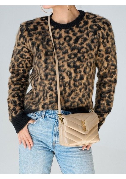 Kadın Leopar Desenli Yumuşak Dokulu Kazak