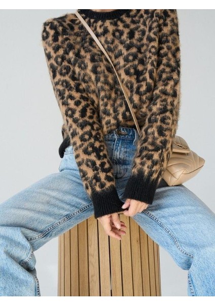 Kadın Leopar Desenli Yumuşak Dokulu Kazak modelleri