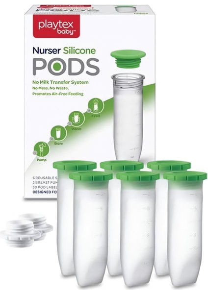 Baby™ Silikon Pods® Anne Sütü Saklama Kapları & Nurser Biberon Uyumlu - Doğrudan Sağım ve Saklama, Dondurucu Uyumlu, Anti-Kolik Tasarım, 178 Ml, 6'lı Paket, 6+ Ay, 2 Adet Pompa Adaptörü ile