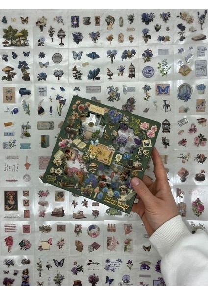 4 Bölmeli 100 Yaprak Özel Tasarım Retro Yeşil Renk Doğa Temalı Sticker Set /etiket /su Geçirmez