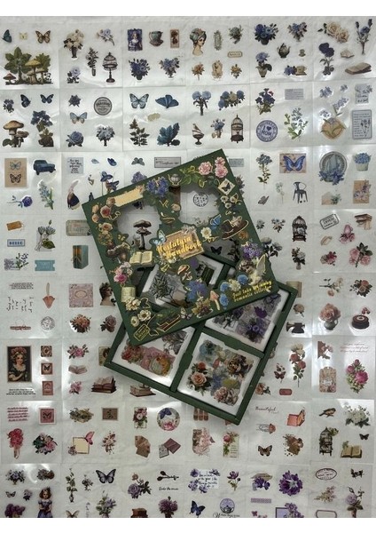 4 Bölmeli 100 Yaprak Özel Tasarım Retro Yeşil Renk Doğa Temalı Sticker Set /etiket /su Geçirmez