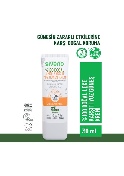 %100 Doğal Yüz Güneş Kremi Leke Karşıtı Aydınlatıcı Mineral Filtre UVA UVB SPF 50+ 30 ml