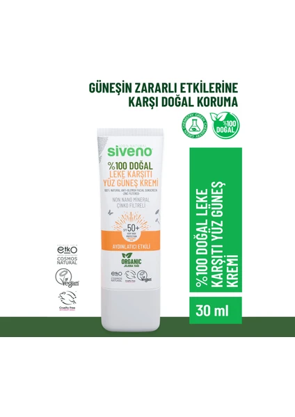 %100 Doğal Yüz Güneş Kremi Leke Karşıtı Aydınlatıcı Mineral Filtre UVA UVB SPF 50+ 30 ml