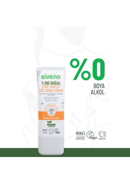 %100 Doğal Yüz Güneş Kremi Leke Karşıtı Aydınlatıcı Mineral Filtre UVA UVB SPF 50+ 30 ml