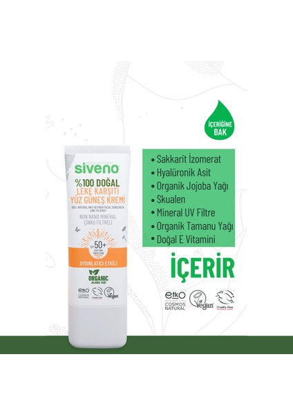 %100 Doğal Yüz Güneş Kremi Leke Karşıtı Aydınlatıcı Mineral Filtre UVA UVB SPF 50+ 30 ml