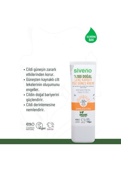 %100 Doğal Yüz Güneş Kremi Leke Karşıtı Aydınlatıcı Mineral Filtre UVA UVB SPF 50+ 30 ml