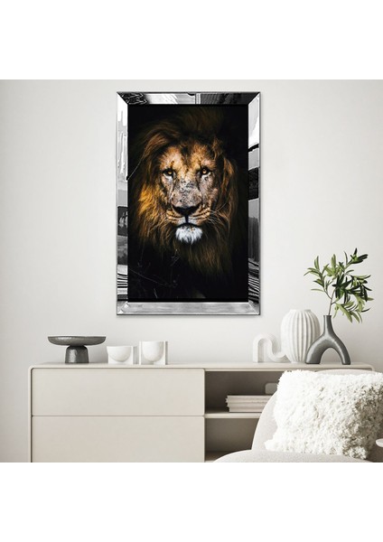 Gümüş Aynalı Pleksi Çerçeveli Siyah Tema Üzerine Aslan Tablosu