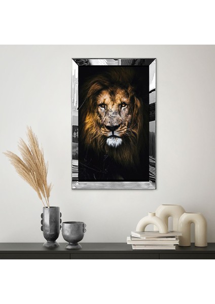 Gümüş Aynalı Pleksi Çerçeveli Siyah Tema Üzerine Aslan Tablosu fiyatları