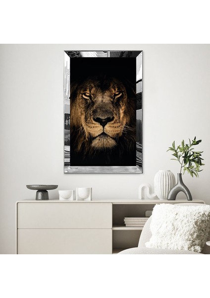 Gümüş Aynalı Pleksi Çerçeveli Siyah Tema Üzerine Asil Aslan Tablosu