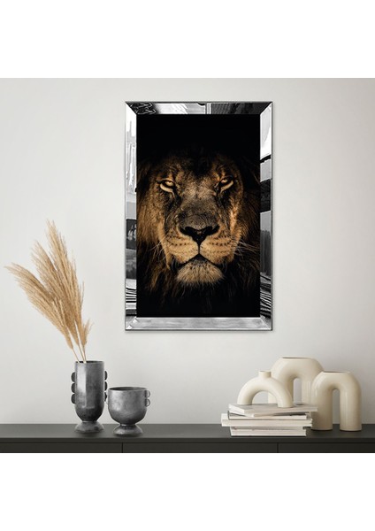 Gümüş Aynalı Pleksi Çerçeveli Siyah Tema Üzerine Asil Aslan Tablosu fiyatları