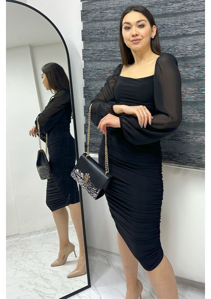 Kadın Kare Yaka Drapeli Elbise Pudra, Pembe, Siyah, Mor, Saks, Kırmızı, Lila