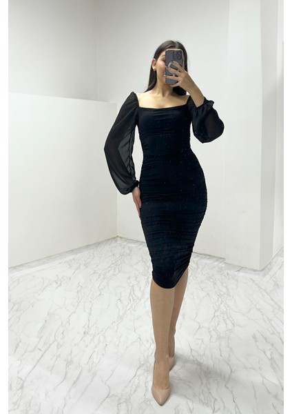 Kadın Kare Yaka Drapeli Elbise Pudra, Pembe, Siyah, Mor, Saks, Kırmızı, Lila fiyatları