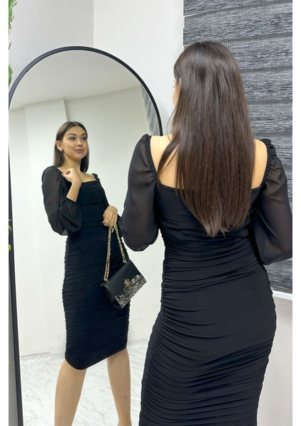 Kadın Kare Yaka Drapeli Elbise Pudra, Pembe, Siyah, Mor, Saks, Kırmızı, Lila modelleri