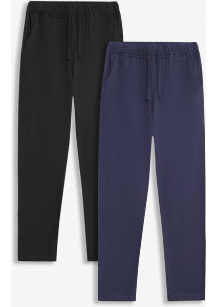 %100 Pamuk 2'li Premium Kumaş Pijama Altı Beli Regular Fit Lastikli Ipli Cepli Terletmez Esnek Siyah-Lacivert Erkek Rahat Kesim Eşofman Paket