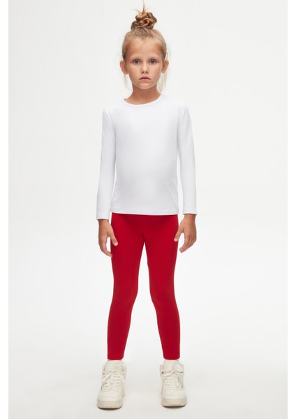 Beyaz Basic Mevsimlik Likralı Uzun Kollu Kız Çocuk Tişört