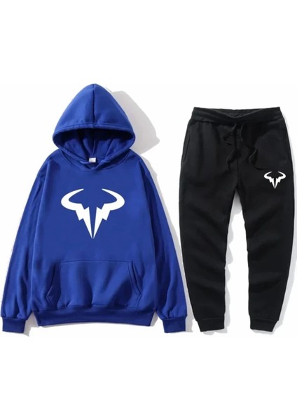 Büyük Beden Özel Tasarım Kapüşonlu Boğa Silüet Baskılı Modern Kışlık Erkek Eşofman Takımı