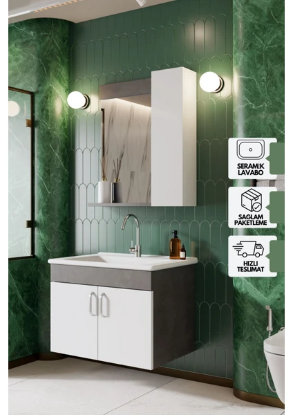 Karen Banyo Gümüş 65 cm Lavabolu Banyo Dolabı Retro Gümüş-Beyaz Lavabo Dahil