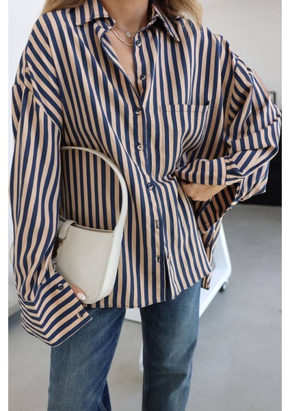 Premium Seri Önü Kısa Arkası Uzun Çizgili Oversize Gömlek