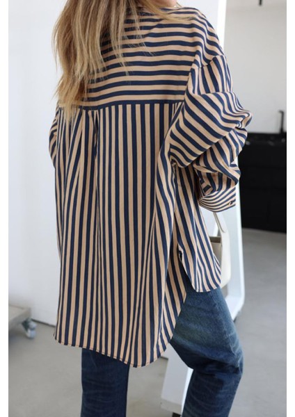 Premium Seri Önü Kısa Arkası Uzun Çizgili Oversize Gömlek