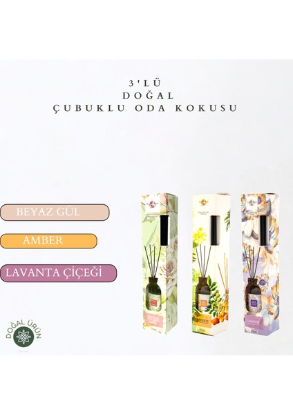 3'lü Set Beyaz Gül, Amber, Lavanta Çiçeği Bambu Çubuklu Doğal Oda Kokusu Reed Diffuser 50 ml