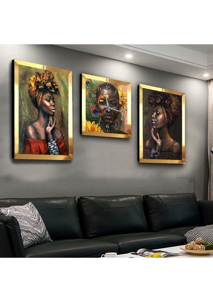 Afrikalı Kadın Pleksi Kenar 3'lü Mdf Tablo ve Saat Seti