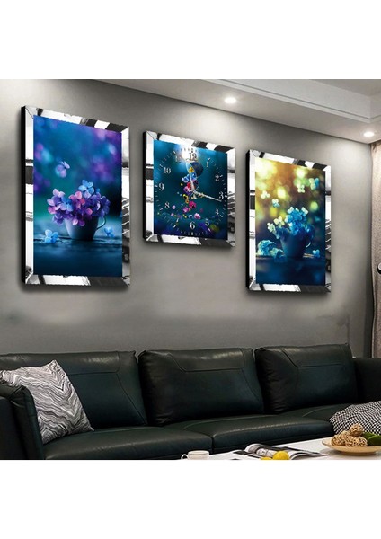 Vazo Çiçek Pleksi Kenar 3'lü Mdf Tablo ve Saat Seti