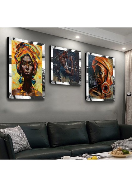 Afrikalı Kadın Pleksi Kenar 3'lü Mdf Tablo ve Saat Seti