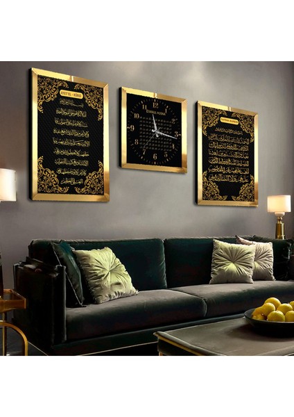 Ayetel Kürsi Fatiha Süresi ve Esmaül Hüsna Pleksi Kenar 3'lü Mdf Tablo ve Saat Seti fiyatları