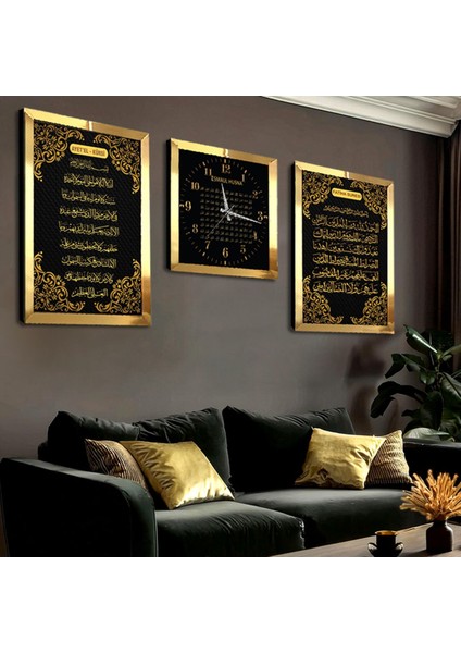Ayetel Kürsi Fatiha Süresi ve Esmaül Hüsna Pleksi Kenar 3'lü Mdf Tablo ve Saat Seti modelleri