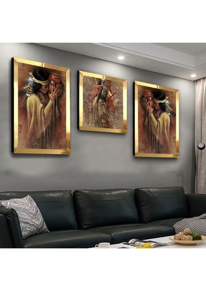 Kızıl Dereli Aşıklar Pleksi Kenar 3'lü Mdf Tablo ve Saat Seti