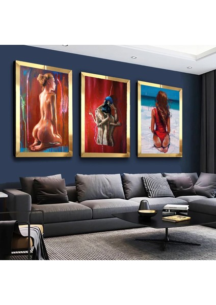 Kolaj Çizim Kadın Gold Pleksi Kenar 3'lü Mdf Tablo Seti