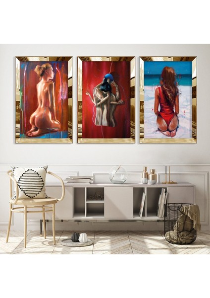 Kolaj Çizim Kadın Gold Pleksi Kenar 3'lü Mdf Tablo Seti fiyatları