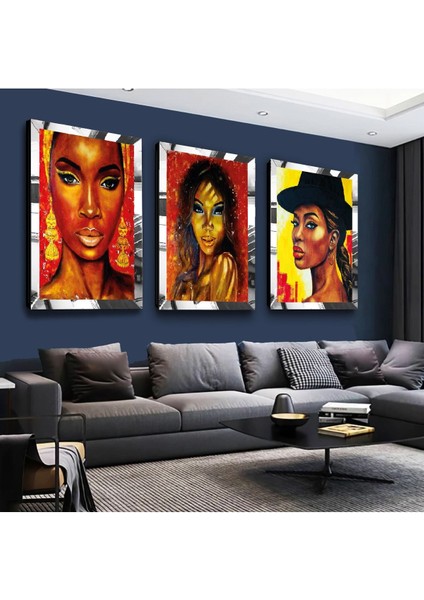 Kolaj Çizim Kadın Gold Pleksi Kenar 3'lü Mdf Tablo Seti